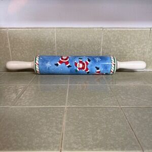 CounterArt Ceramic Rolling Pin Christmas Dancing Santa Blue Holiday Kitchenware